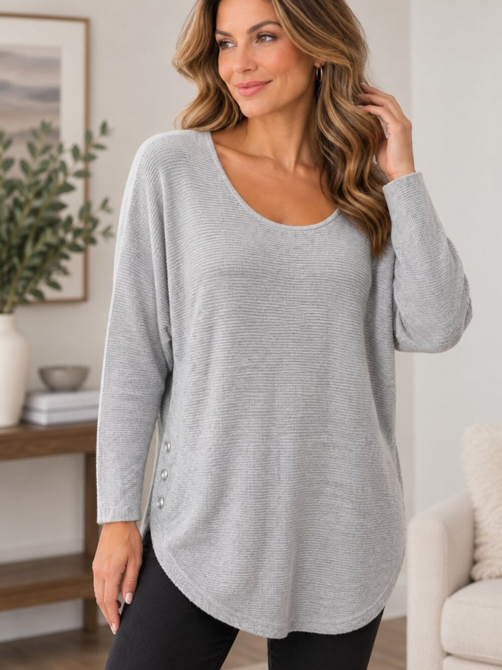 Michael Kors XL Gray Textured Knit Scoop Neck Side Button Relaxed Tunic Sweater